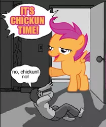 Size: 356x425 | Tagged: chickun, derpibooru import, exploitable meme, faic, forced meme, goofy time, meme, safe, scootaloo