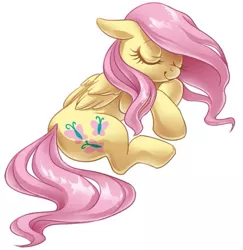 Size: 647x666 | Tagged: safe, artist:sharky, derpibooru import, fluttershy, pegasus, pony, cute, female, floppy ears, mare, prone, shyabetes, simple background, sleeping, smiling, solo, white background