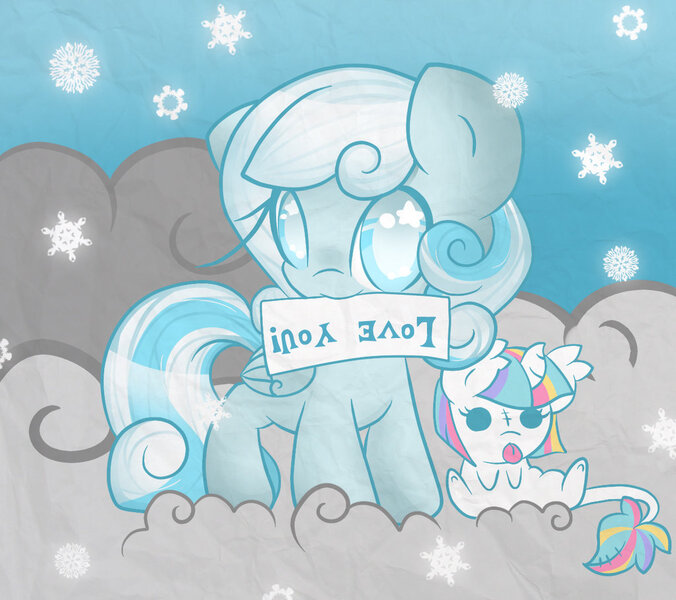 Size: 1024x909 | Tagged: artist:starlightlore, blind joke, cloud, cloudy, cute, derpibooru import, mouth hold, oc, ocbetes, oc:lorelei, oc:snowdrop, safe, sign, snow, snowbetes, snowfall, solo, unofficial characters only