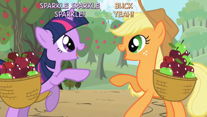 Size: 680x383 | Tagged: apple, applejack, artist:kturtle, basket, derpibooru import, food, happy, multeity, nostalgia critic, purple text, raised hoof, safe, sparkle sparkle sparkle, sweet apple acres, thomas and the magic railroad, twilight sparkle