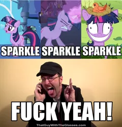 Size: 640x668 | Tagged: safe, derpibooru import, edit, edited screencap, screencap, constance, twilight sparkle, bird, pony, unicorn, boast busters, friendship is magic, lesson zero, caption, female, fuck yeah, glowing horn, grin, horn, image macro, impact font, magic, mare, messy mane, multeity, nest, nostalgia critic, smiling, sparkle sparkle sparkle, text, thomas and the magic railroad, tongue out, twilight snapple, vulgar