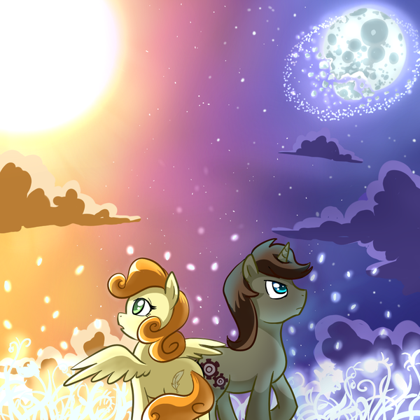 Size: 1000x1000 | Tagged: safe, artist:madmax, derpibooru import, oc, oc:jigsaw, oc:tiptoe, unofficial characters only, pegasus, pony, unicorn, fanfic, fanfic:antipodes, artifact, broken moon, duo, fanfic art, fanfic cover, female, mare, moon, shattered moon, split sky, spread wings, sun, wings