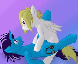 Size: 1700x1400 | Tagged: suggestive, artist:red note, derpibooru import, oc, unofficial characters only, pegasus, pony, unicorn, blushing, gay, male, on back