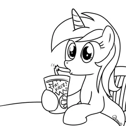 Size: 1000x1000 | Tagged: safe, artist:madmax, derpibooru import, lyra heartstrings, pony, unicorn, black and white, drink, drinking, grayscale, hoof hold, human behavior, monochrome, simple background, sitting, smoothie, solo, white background