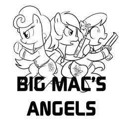 Size: 1000x1000 | Tagged: artist:madmax, charlie's angels, daisy, derpibooru import, flower trio, flower wishes, lily, lily valley, monochrome, parody, roseluck, safe, simple background, white background