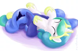 Size: 2000x1328 | Tagged: artist:randomdash, cewestia, derpibooru import, female, filly, princess celestia, princess luna, safe, sleeping, woona, younger