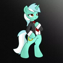 Size: 1500x1500 | Tagged: safe, artist:hidden-cat, derpibooru import, lyra heartstrings, pony, unicorn, abstract background, bipedal, clothes, colored pupils, lidded eyes, necktie, smiling, solo, suit