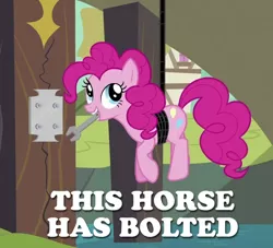 Size: 737x670 | Tagged: bolt (object), bridge, caption, derpibooru import, image macro, it's about time, pinkie pie, pun, repairing, ropes, safe, screencap, solo, text, wrench