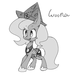 Size: 500x500 | Tagged: dead source, safe, artist:30clock, derpibooru import, princess luna, pony, moonstuck, cartographer's cap, female, filly, grayscale, hat, monochrome, pixiv, simple background, solo, woona, younger