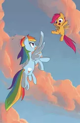 Size: 485x750 | Tagged: artist:naroclie, cloud, cloudy, derpibooru import, flying, rainbow dash, safe, scootaloo, scootaloo can fly