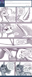 Size: 500x1197 | Tagged: dead source, suggestive, artist:johnjoseco, derpibooru import, king sombra, princess celestia, princess luna, alicorn, pony, ask gaming princess luna, ask princess molestia, princess molestia, butt, colored horn, comic, curved horn, disembodied horn, horn, image, implied masturbation, plot, png, sombra's horn
