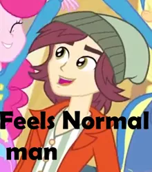 Size: 423x480 | Tagged: safe, derpibooru import, screencap, applejack, normal norman, pinkie pie, equestria girls, equestria girls (movie), background human, caption, feels good man, helping twilight win the crown, image macro, text