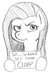 Size: 1023x1500 | Tagged: artist:dj-black-n-white, clop, derpibooru import, monochrome, pencil drawing, pinkamena diane pie, pinkie pie, question, sign, sketch, smiling, smirk, solo, suggestive, traditional art