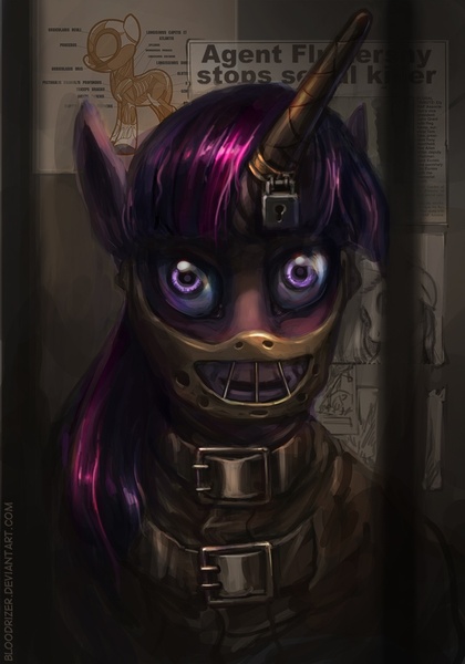Size: 800x1143 | Tagged: artist:bloodrizer, bondage, crossover, dark, derpibooru import, grimdark, hannibal lecter, horn, horn cap, horn ring, horn sleeve, lock, looking at you, magic suppression, muzzle, padlock, ring, silence of the lambs, solo, staring into your soul, straitjacket, twilight sparkle