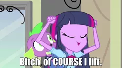 Size: 1280x720 | Tagged: safe, derpibooru import, edit, spike, twilight sparkle, equestria girls, equestria girls (movie), do you even lift, meme, text