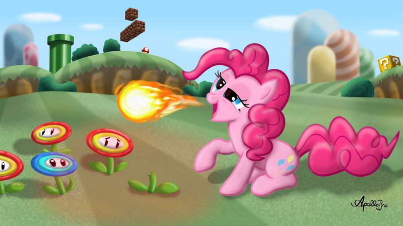 Size: 2880x1620 | Tagged: safe, artist:apollobroda, derpibooru import, pinkie pie, earth pony, pony, ? block, burp, crossover, female, fire flower, fireball, ice flower, implied vore, mare, nintendo, pipe (plumbing), power-up, solo, super mario bros., super mushroom, warp pipe, worried