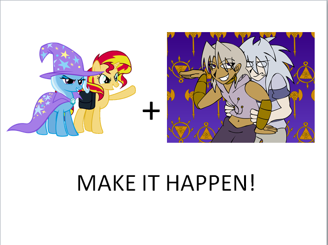 Size: 664x496 | Tagged: safe, derpibooru import, sunset shimmer, trixie, pony, equestria girls, clothes, exploitable meme, lady gaga, leather pants, make it happen, marik ishtar, meme, pants, parody, ryo bakura, yu-gi-oh!, yugioh abridged