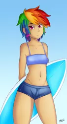 Size: 1041x1920 | Tagged: safe, artist:leslers, artist:miketheuser, derpibooru import, rainbow dash, human, belly button, breasts, colored, cute, dashabetes, delicious flat chest, female, humanized, rainbow flat, solo, surfboard