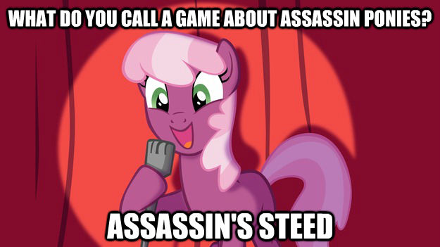 Size: 625x351 | Tagged: assassin's creed, caption, cheerilee, cheerilee pun, derpibooru import, exploitable meme, image macro, meme, pun, safe, solo, text