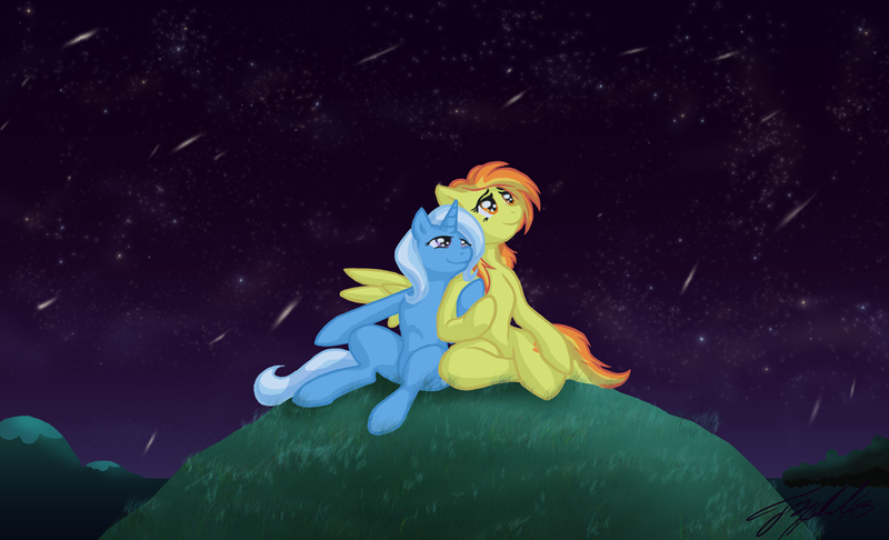 Size: 1050x638 | Tagged: safe, artist:dembai, derpibooru import, spitfire, trixie, pegasus, pony, unicorn, female, lesbian, mare, meteor shower, shipping, trixfire