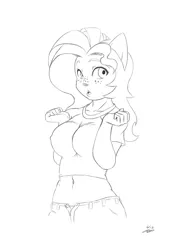 Size: 750x1050 | Tagged: suggestive, artist:the-unicorn-lord, derpibooru import, oc, oc:milky way, unofficial characters only, anthro, earth pony, ambiguous facial structure, anthro oc, big breasts, breasts, clothes, female, lineart, monochrome, solo, solo female