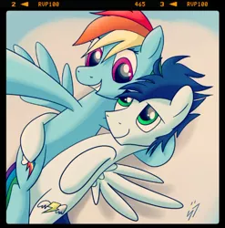 Size: 598x605 | Tagged: safe, artist:pancake-ss, derpibooru import, rainbow dash, soarin', camera, camera shot, female, male, shipping, side hug, signature, soarindash, straight