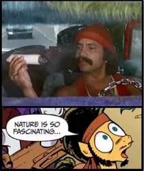 Size: 394x469 | Tagged: cheech and chong, derpibooru import, drugs, exploitable meme, flax seed, flax seed looks at stuff, idw, meme, nature is so fascinating, obligatory pony, safe, up in smoke