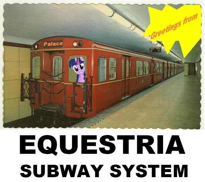 Size: 763x678 | Tagged: safe, derpibooru import, twilight sparkle, pony, canterlot, equestria, food, irl, metro, photo, ponies in real life, postcard, subway, subway trains, text, toronto, train, underground