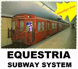 Size: 763x678 | Tagged: safe, derpibooru import, twilight sparkle, pony, canterlot, equestria, food, irl, metro, photo, ponies in real life, postcard, subway, subway trains, text, toronto, train, underground