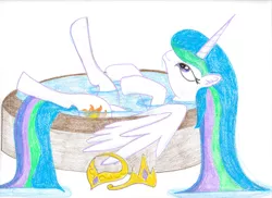 Size: 3452x2512 | Tagged: artist:invidlord, bath, derpibooru import, princess celestia, safe, solo, traditional art