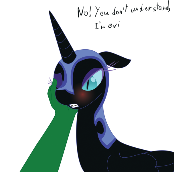 Size: 2020x1995 | Tagged: artist needed, bedroom eyes, blushing, cute, derpibooru import, floppy ears, gritted teeth, hand, hnnng, human, nightmare moon, oc, oc:anon, one eye closed, petting, safe, simple background, transparent background, tsundere, tsundere moon, wink