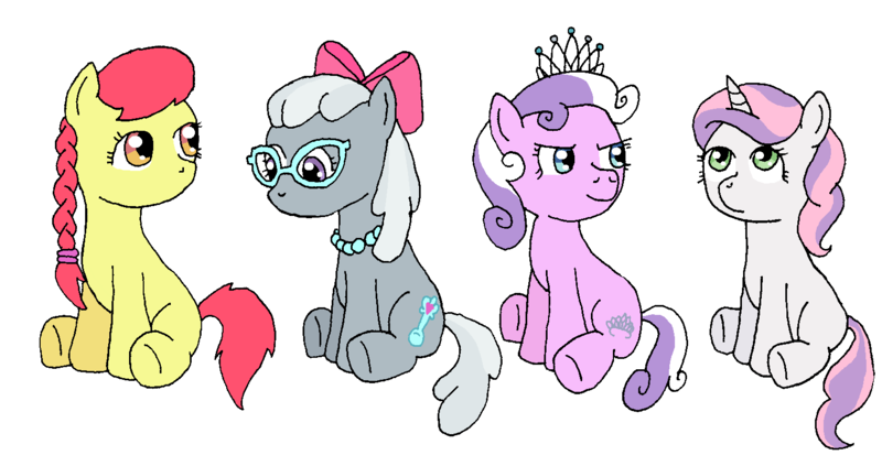 Size: 1524x805 | Tagged: accessory swap, alternate hairstyle, apple bloom, artist:merkleythedrunken, derpibooru import, diamond tiara, mane swap, safe, silver spoon, sweetie belle