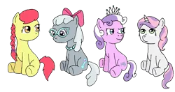 Size: 1524x805 | Tagged: accessory swap, alternate hairstyle, apple bloom, artist:merkleythedrunken, derpibooru import, diamond tiara, mane swap, safe, silver spoon, sweetie belle