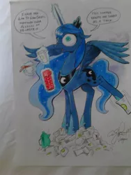 Size: 720x960 | Tagged: andy you magnificent bastard, artist:andypriceart, caffeine, coffee, derpibooru import, drink, luna found the coffee, majestic as fuck, princess luna, safe, solo, traditional art, wide eyes