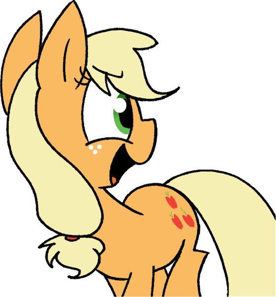 Size: 889x956 | Tagged: applejack, artist:strangiesleepy, derpibooru import, happy, looking back, open mouth, safe, simple background, solo