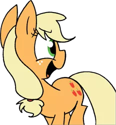 Size: 889x956 | Tagged: applejack, artist:strangiesleepy, derpibooru import, happy, looking back, open mouth, safe, simple background, solo