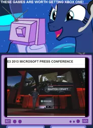 Size: 563x769 | Tagged: derpibooru import, e3, exploitable meme, gamer luna, meme, obligatory pony, princess luna, safe, tv meme, xbox one