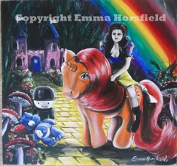 Size: 2697x2520 | Tagged: artist:emmahorsfield, care bears, crossover, derpibooru import, dream castle, fred the flour grader, g1, gypsy (g1), human, rainbow, riding, safe, snow white, the wizard of oz, toadstool, traditional art, yellow brick road