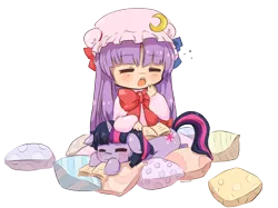 Size: 1890x1417 | Tagged: artist:rockusocku, blushing, book, crossover, cuddling, cute, derpibooru import, eyes closed, floppy ears, :o, open mouth, patchouli knowledge, pillow, prone, safe, sitting, sleeping, smiling, snuggling, touhou, twichouli, twilight sparkle, yawn