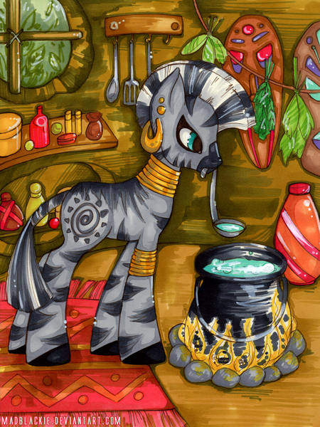 Size: 1284x1711 | Tagged: artist:madblackie, cauldron, derpibooru import, fire, safe, solo, traditional art, zebra, zecora