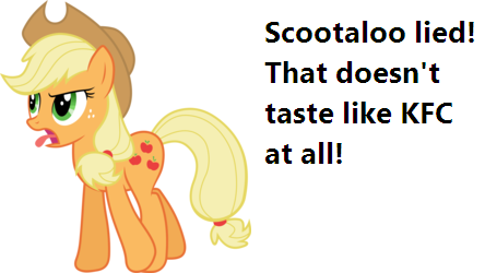 Size: 444x250 | Tagged: safe, derpibooru import, applejack, scootaloo, earth pony, pony, caption, female, foalcon, implied licking, kfc, lesbian, mare, meme, scootachicken, scootajack, shipping, simple background, solo, text, tongue out