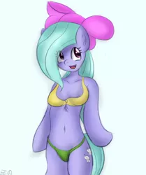 Size: 900x1077 | Tagged: safe, artist:freefraq, derpibooru import, flitter, anthro, pony, belly button, bra, bra on pony, breasts, busty flitter, clothes, female, panties, ribbon, solo, underwear
