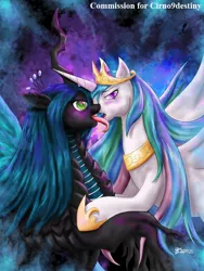 Size: 600x800 | Tagged: artist:whiteguardian, blushing, chryslestia, derpibooru import, female, kissing, lesbian, princess celestia, queen chrysalis, shipping, suggestive