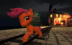 Size: 1680x1050 | Tagged: 3d, artist:pinkie diane roosevelt phd, axe, broom, derpibooru import, dexterous hooves, ferroseed, flying, flying broomstick, gmod, nintendo, pokémon, princess luna, safe, scootaloo, weapon