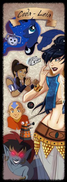 Size: 600x1637 | Tagged: aang, artist:coda-leia, avatar the last airbender, crossover, cyberman, dalek, demona, derpibooru import, doctor who, gargoyles, human, korra, millenium falcon, princess luna, safe, star wars, the legend of korra