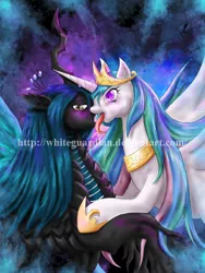 Size: 480x640 | Tagged: artist:whiteguardian, blushing, chryslestia, derpibooru import, female, lesbian, oops, princess celestia, queen chrysalis, shipping, suggestive, watermark