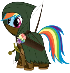 Size: 3208x3342 | Tagged: archer dash, arrow, arrows, artist:rainbowcrab, bow and arrow, bow (weapon), cloak, clothes, derpibooru import, fantasy class, hood, ithilien, ithilien rangers, lord of the rings, quiver, rainbow dash, safe, simple background, solo, sword, transparent background, vector, warrior, weapon