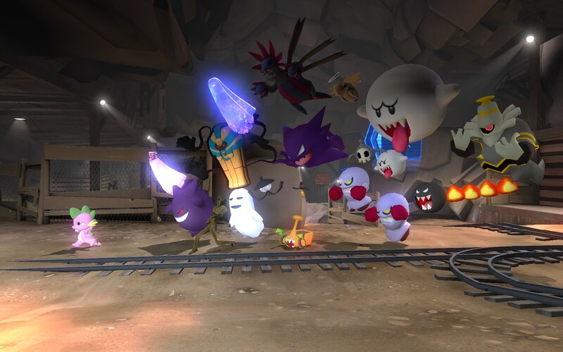 Size: 1680x1050 | Tagged: 3d, artist:pinkie diane roosevelt phd, big boo, boo (super mario), broozer, cofagrigus, derpibooru import, dusknoir, duskull, fire chomp, gengar, ghost, gmod, haunter, hydreigon, lampent, nintendo, pokémon, redead, rotom, safe, shedinja, spike, super mario bros., team fortress 2, the legend of zelda, undead, yamask, zephaniah mann