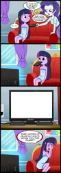 Size: 713x2000 | Tagged: safe, artist:madmax, derpibooru import, edit, rarity, twilight sparkle, equestria girls, comic, explicit source, exploitable, exploitable meme, meme, mother of celestia, mouth hold, obligatory pony, pony (sony), remote, sony, television, template, towel, tv meme, what's wrong with this place