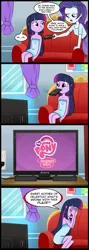 Size: 713x2000 | Tagged: safe, artist:madmax, derpibooru import, edit, rarity, twilight sparkle, equestria girls, comic, meta, mother of celestia, mouth hold, pony (sony), square crossover, television, towel, what's wrong with this place